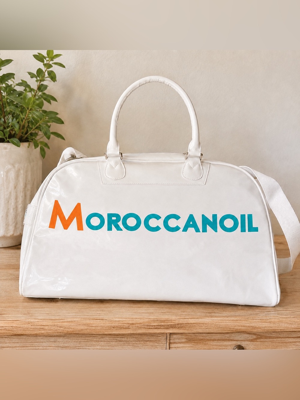 Moroccanoil White Patent Weekender Duffle Travel Bag 18.5”